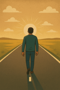 Young adult walking on an open road symbolizing independence, reflecting autism books about a father’s journey raising his autistic son.