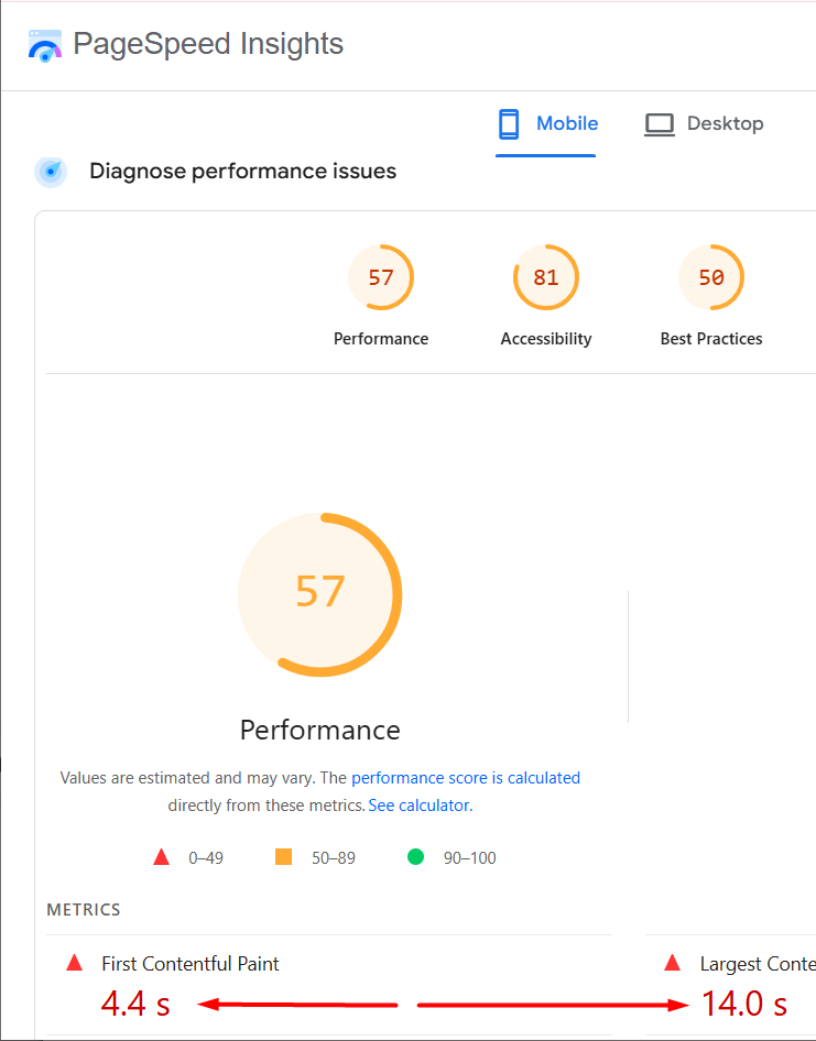 Google PageSpeed Insights report showing a poor performance score for a local website in Astoria.