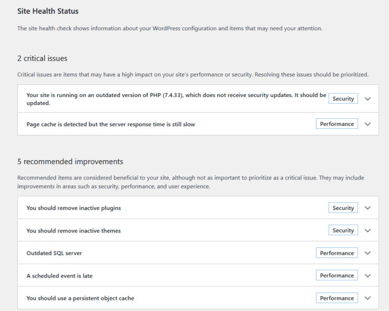 Example of Technical Site Health audit showing issues which might be associated with a LIC HVAC contractor website which would need fixing.