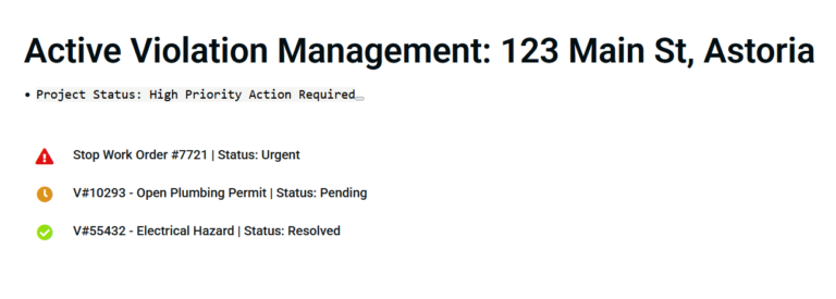 Violation removal web design tracker showing professional NYC DOB status updates.